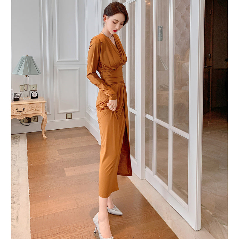 カシュクールウエストマークスリットワンピース(3colors)