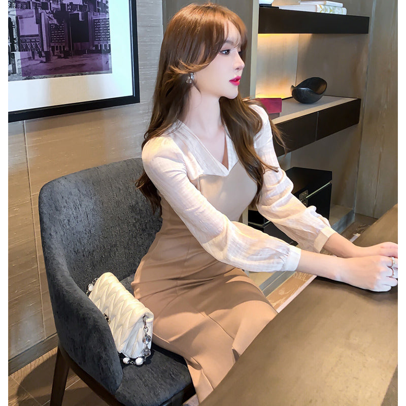 パフスリーブブラウスコンビマーメイドワンピース