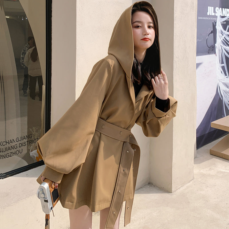 ウエストベルト付きビッグフードフレアミディコート