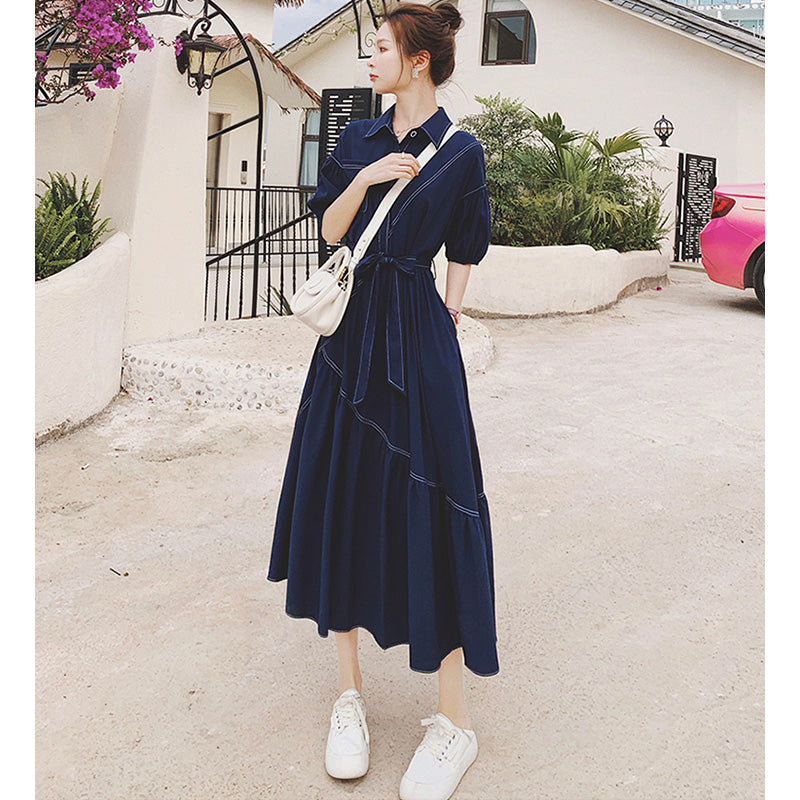 バルーンスリーブアシメティアードシャツワンピース