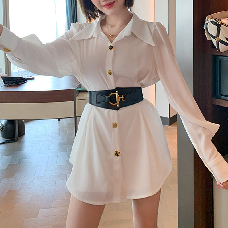 ウエストベルト付きロング開襟シャツ×ショート丈パンツ