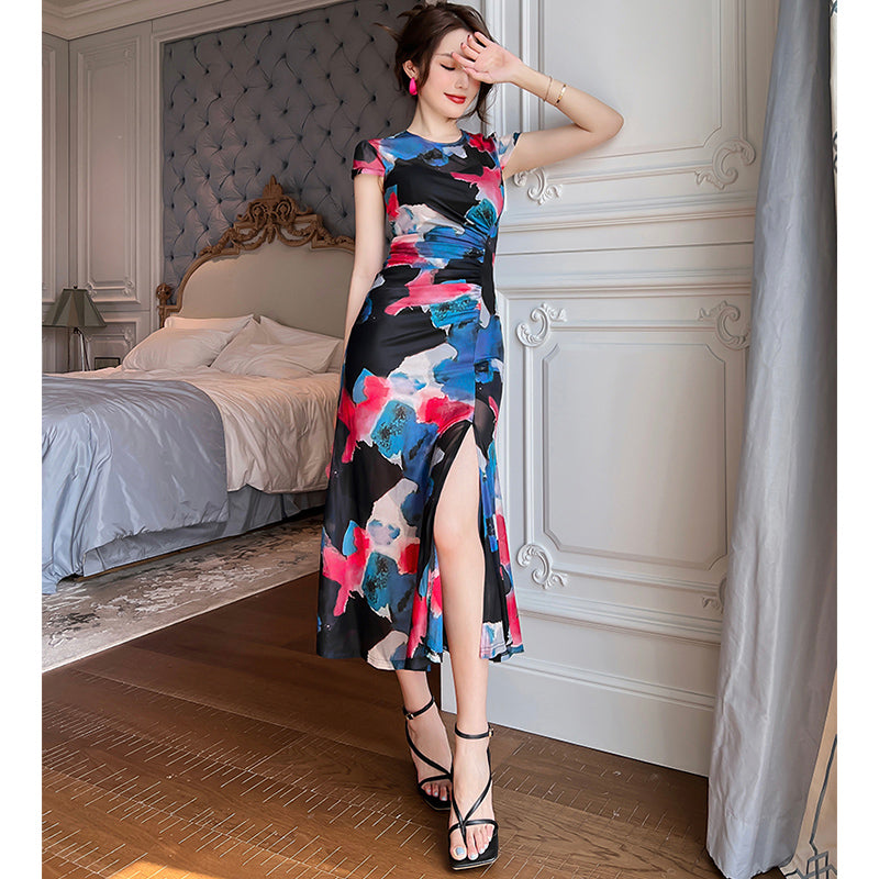 フレンチプリントスリット入りフレアスカートワンピース