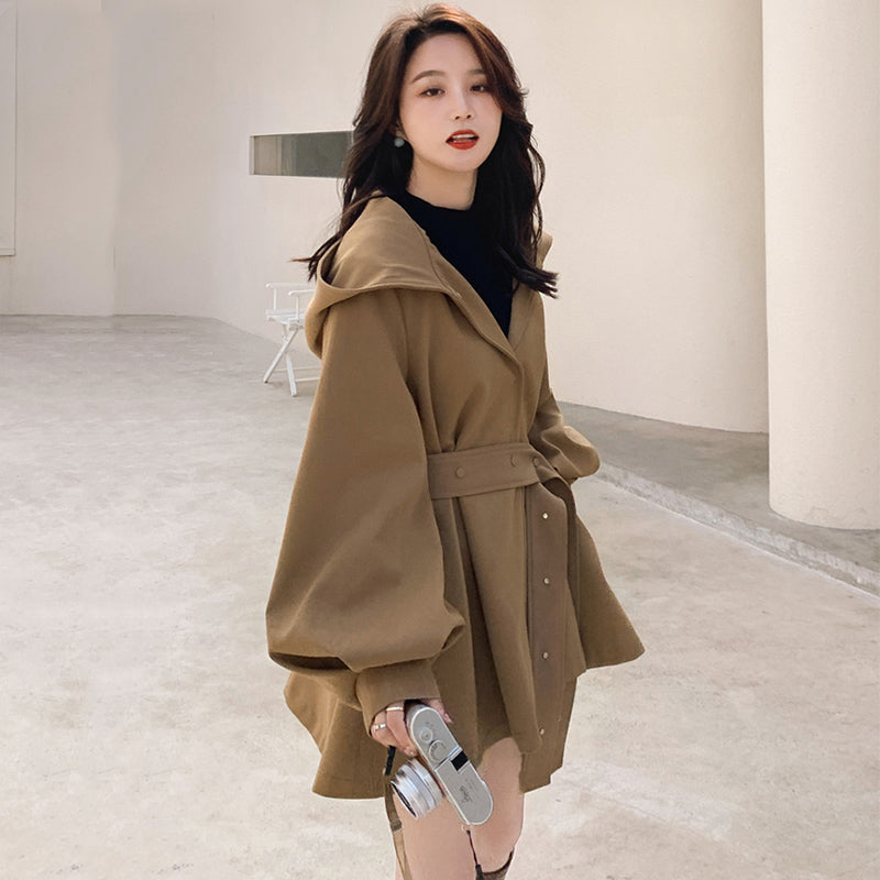 ウエストベルト付きビッグフードフレアミディコート