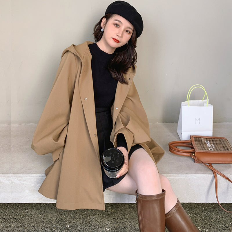 ウエストベルト付きビッグフードフレアミディコート