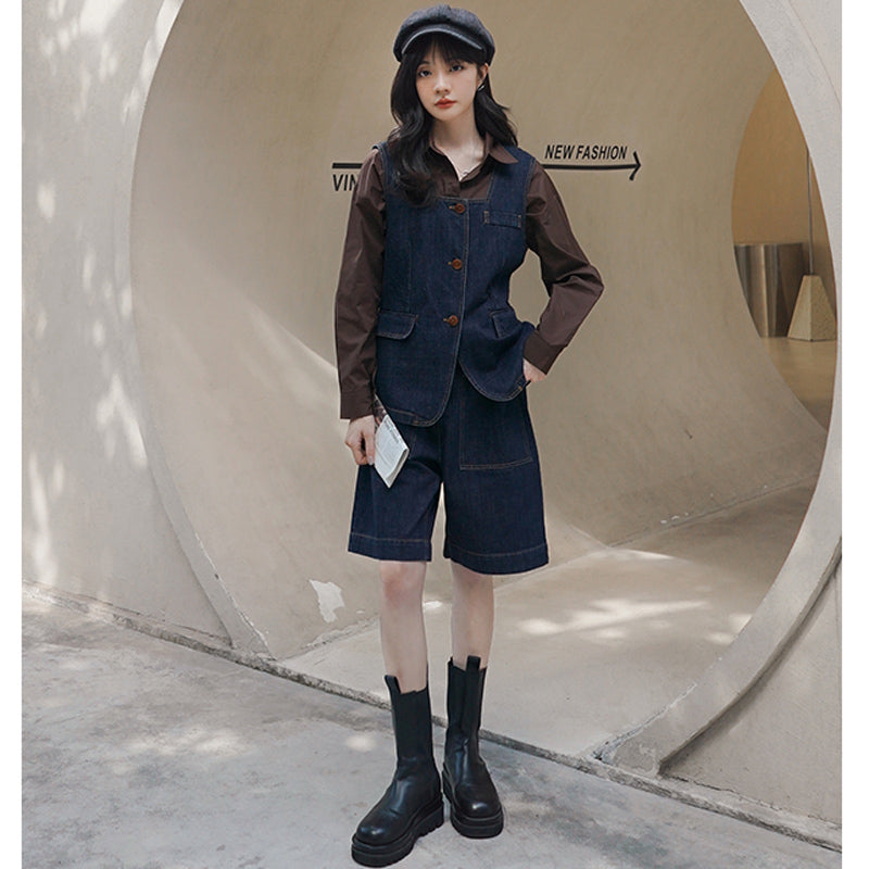 レトロデニムベスト×ミディ丈ショートパンツ