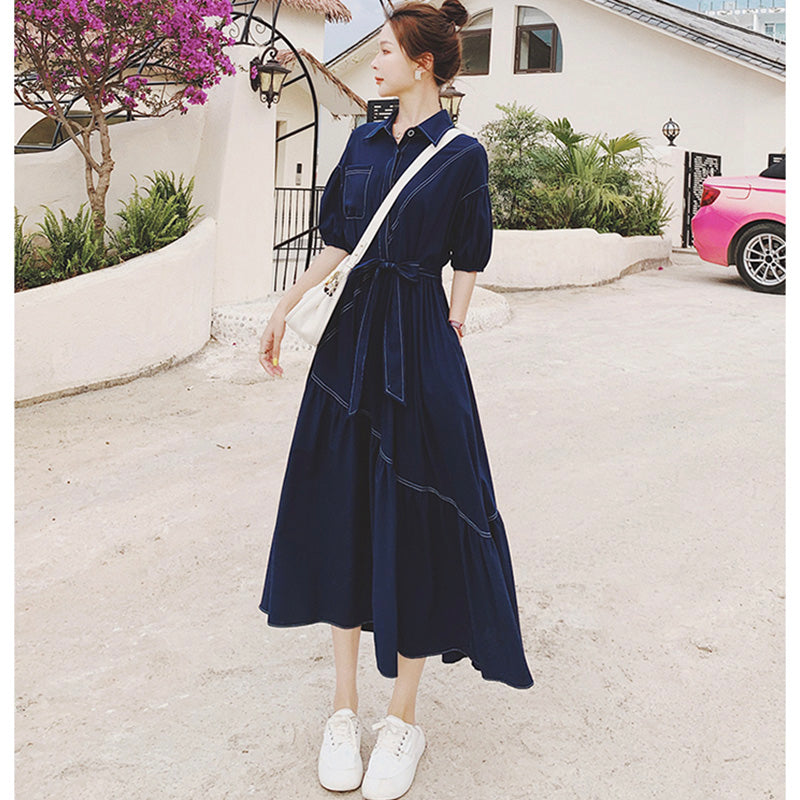 バルーンスリーブアシメティアードシャツワンピース