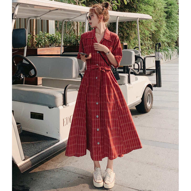 ウエストリボンチェックシャツワンピース(2colors)