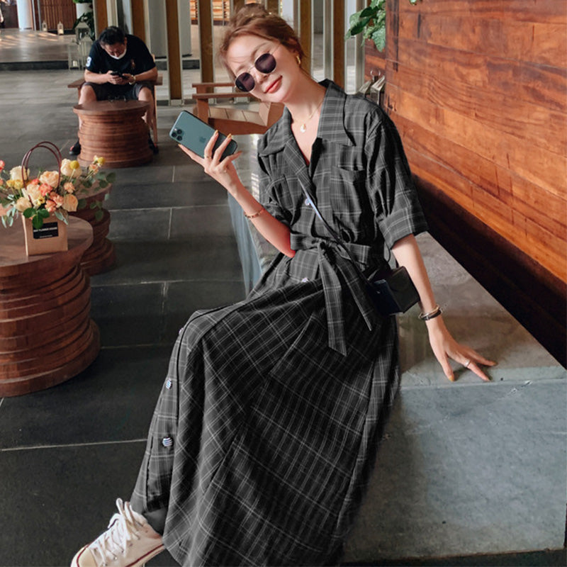 ウエストリボンチェックシャツワンピース(2colors)