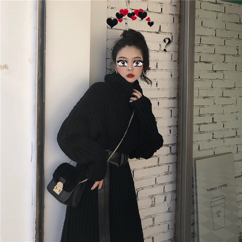 ベルト付きハイネックロングニットワンピース