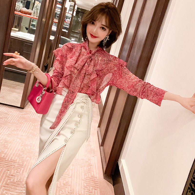 ボウタイフリル花柄ブラウス×ラインストーンスリットスカート【上下別売り可】
