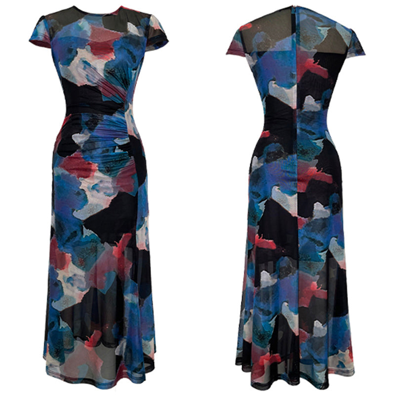 フレンチプリントスリット入りフレアスカートワンピース