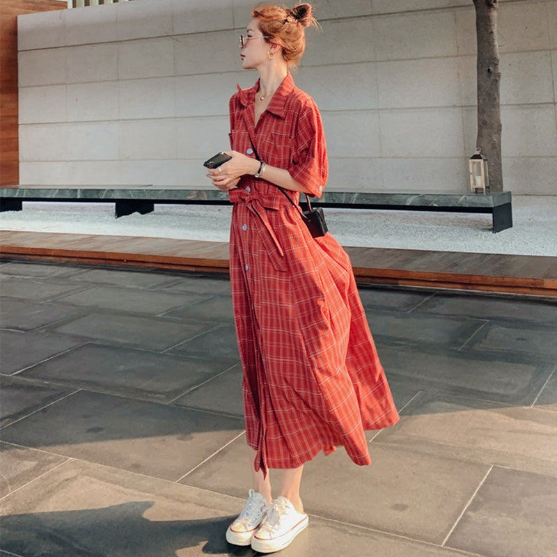 ウエストリボンチェックシャツワンピース(2colors)