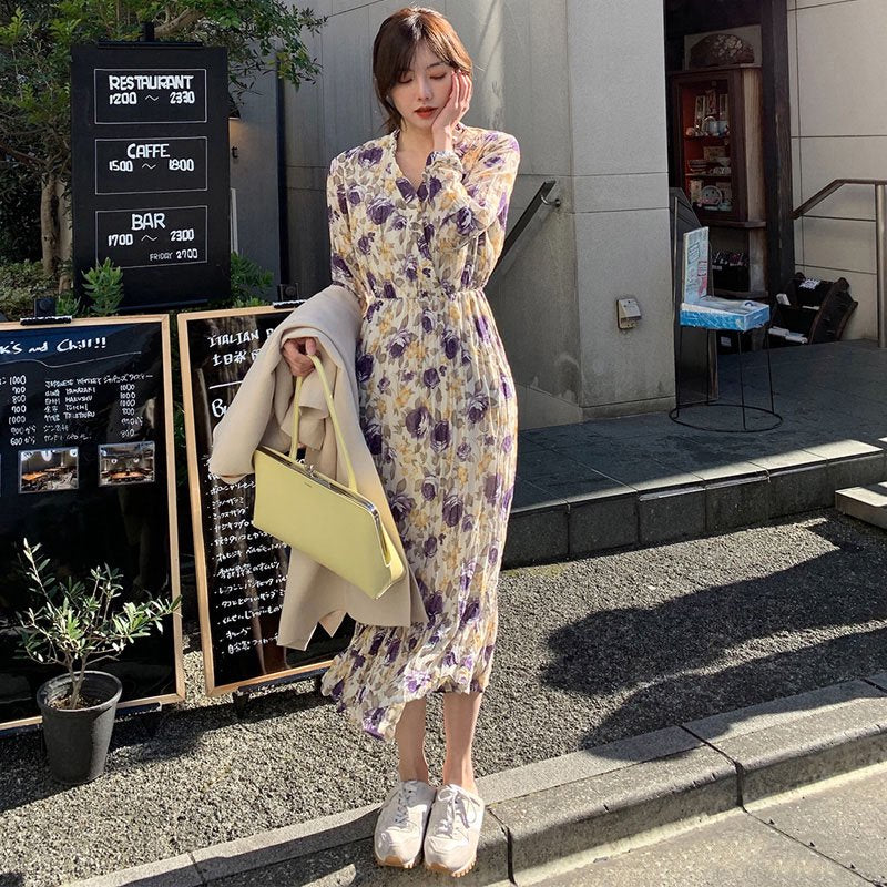 プリーツ加工花柄ロングフレンチワンピース(3colors)