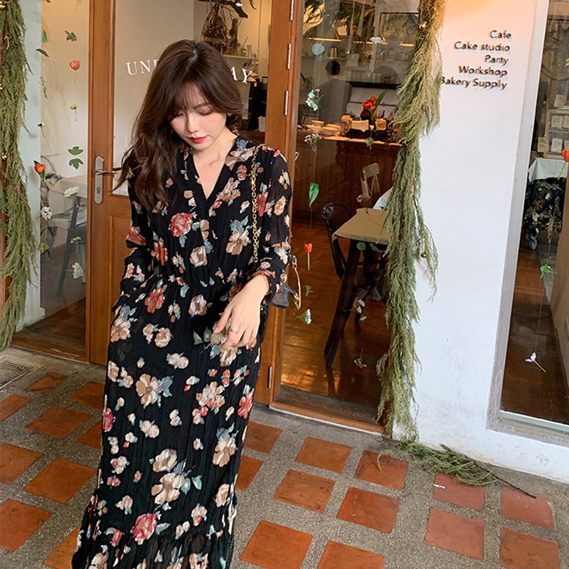 プリーツ加工花柄ロングフレンチワンピース(3colors)