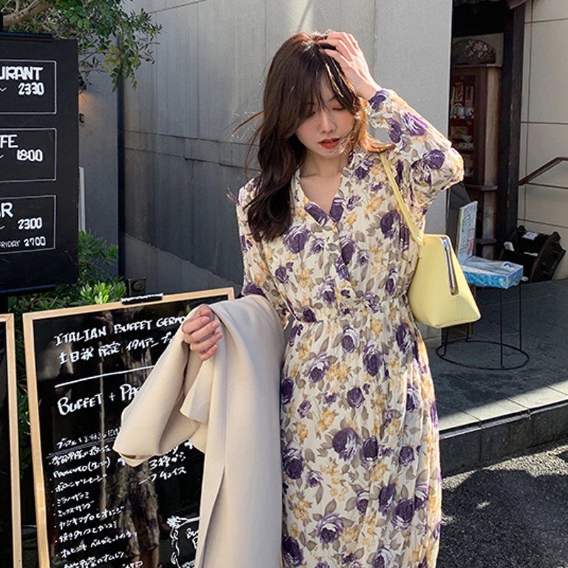 プリーツ加工花柄ロングフレンチワンピース(3colors)