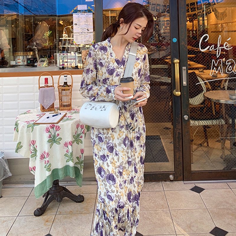 プリーツ加工花柄ロングフレンチワンピース(3colors)
