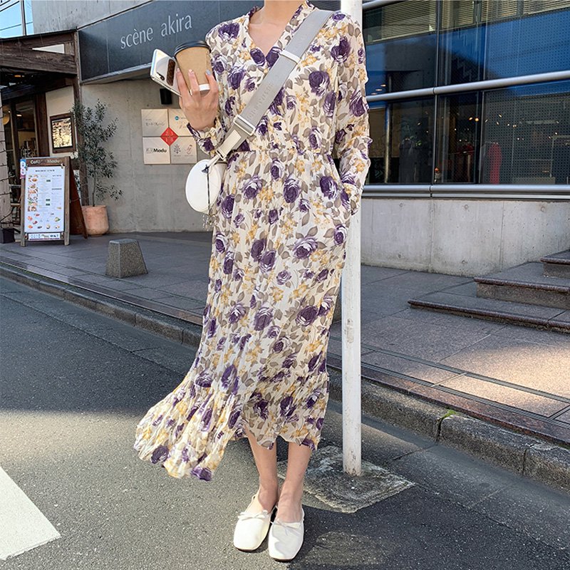 プリーツ加工花柄ロングフレンチワンピース(3colors)