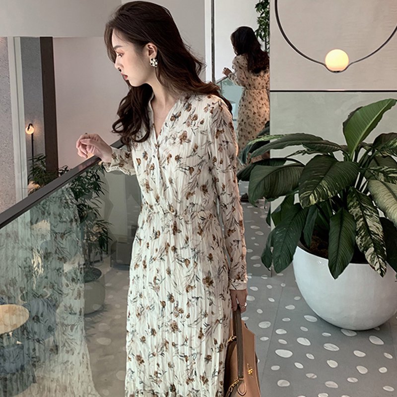 プリーツ加工花柄ロングフレンチワンピース(3colors)