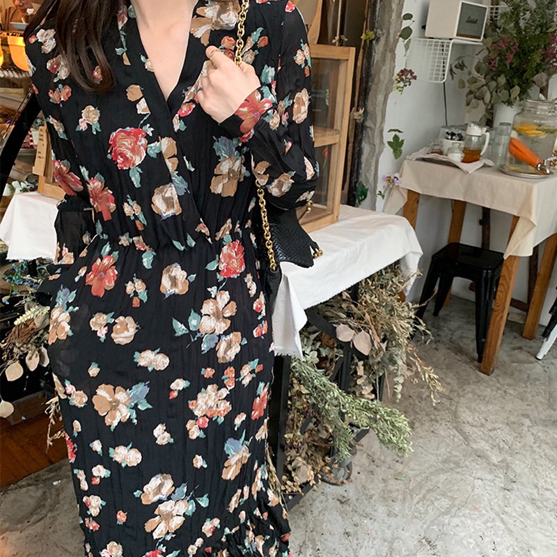 プリーツ加工花柄ロングフレンチワンピース(3colors)