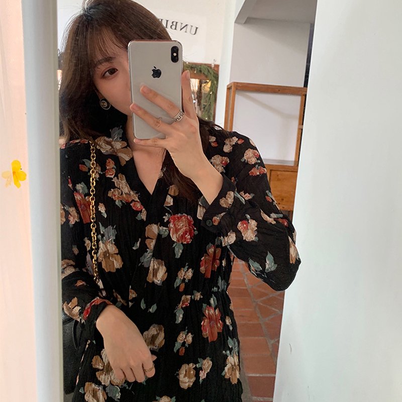 プリーツ加工花柄ロングフレンチワンピース(3colors)