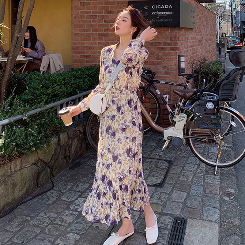 プリーツ加工花柄ロングフレンチワンピース(3colors)