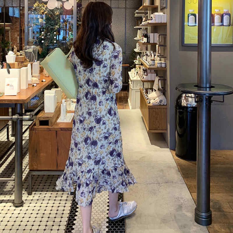 プリーツ加工花柄ロングフレンチワンピース(3colors)