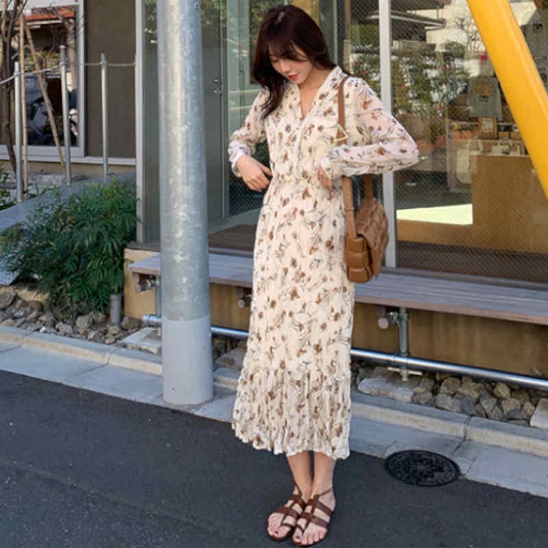 プリーツ加工花柄ロングフレンチワンピース(3colors)