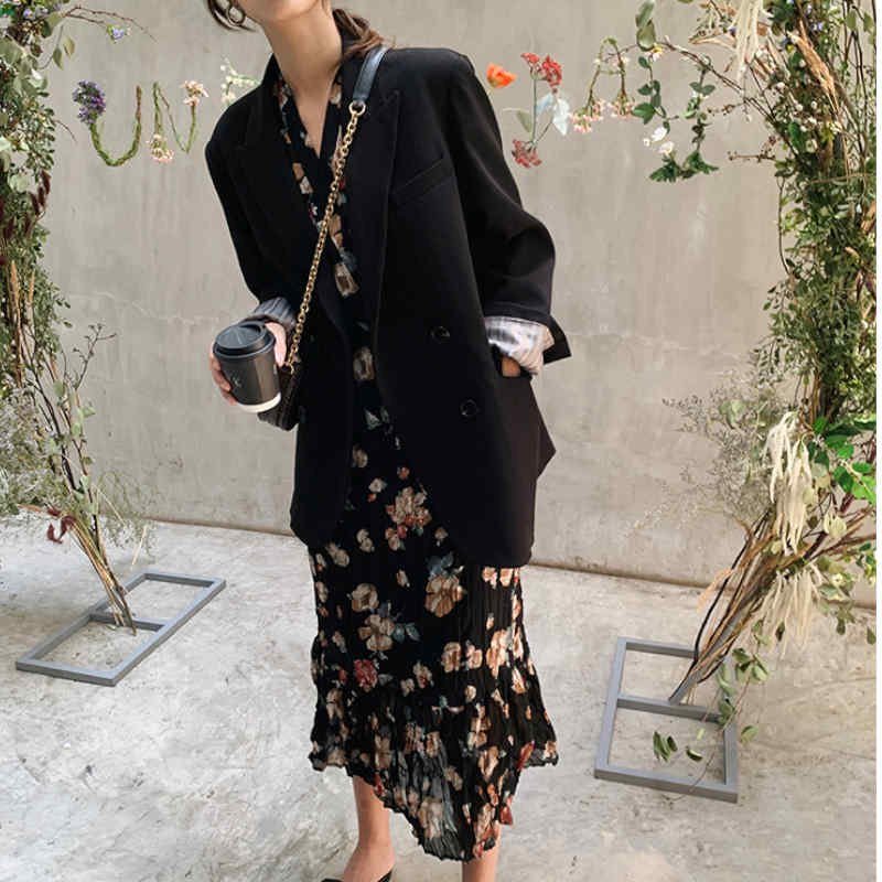 プリーツ加工花柄ロングフレンチワンピース(3colors)