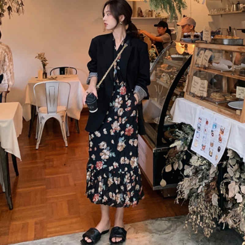 プリーツ加工花柄ロングフレンチワンピース(3colors)