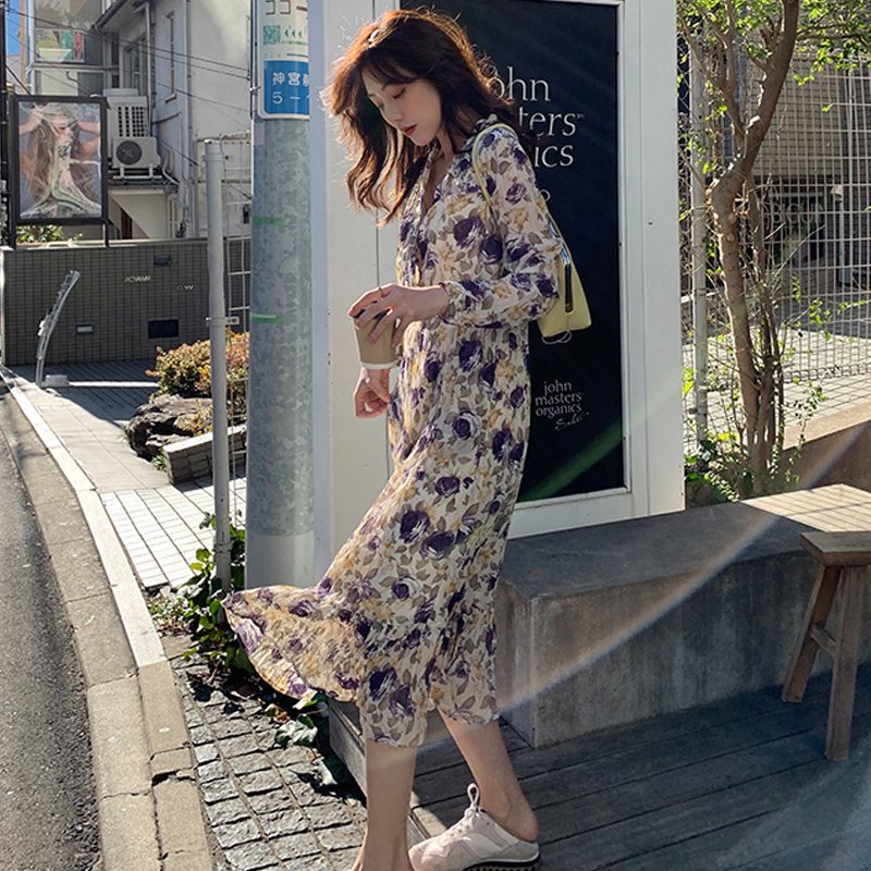 プリーツ加工花柄ロングフレンチワンピース(3colors)