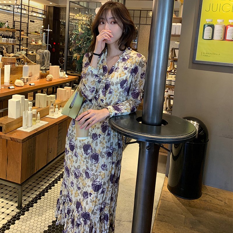 プリーツ加工花柄ロングフレンチワンピース(3colors)