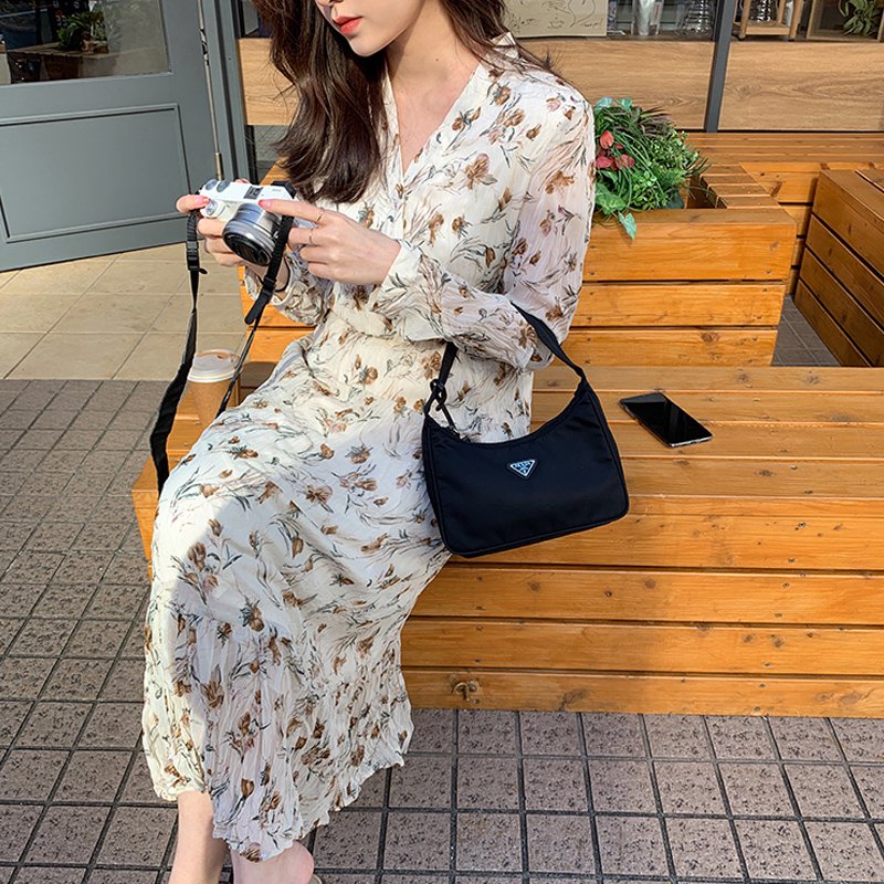プリーツ加工花柄ロングフレンチワンピース(3colors)