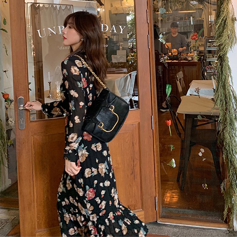 プリーツ加工花柄ロングフレンチワンピース(3colors)