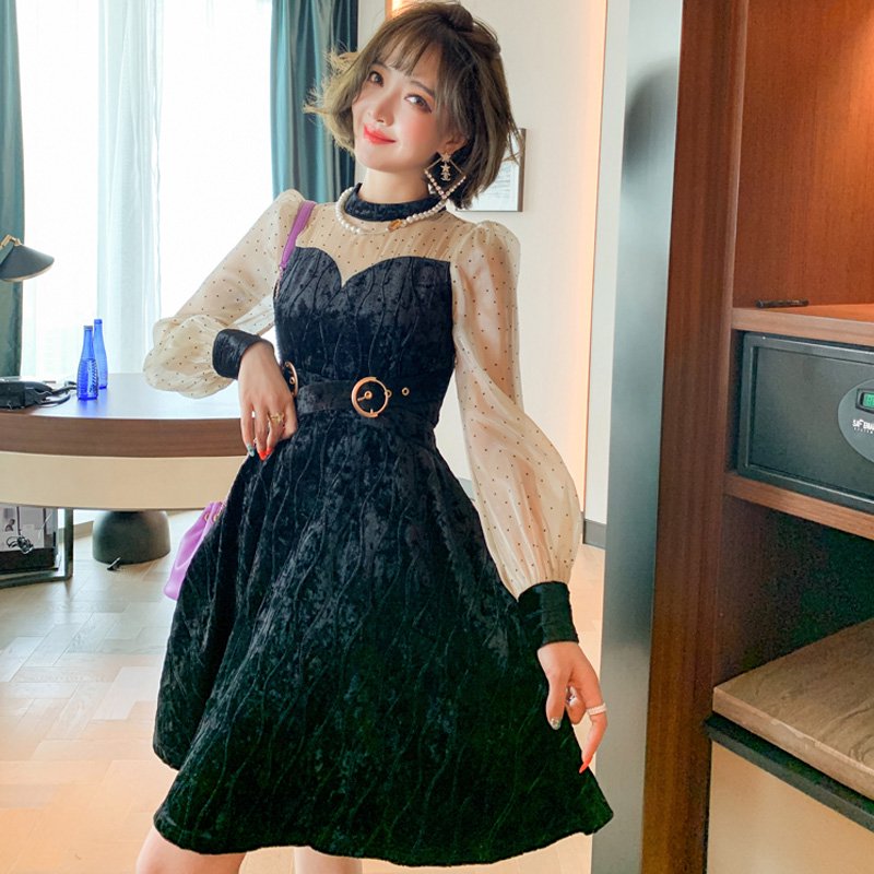 ドット柄シアードッキングベロアワンピース