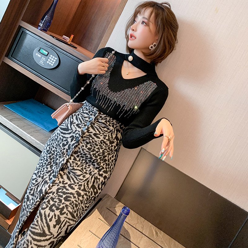 フロントオープンビジューニット×レオパードラップスカート【上下別売り可】