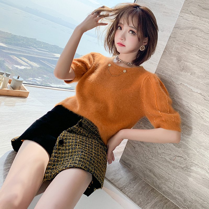 チェーンモチーフ付きパフスリーブニット×チェックドッキングラップショートパンツ【上下別売り可】