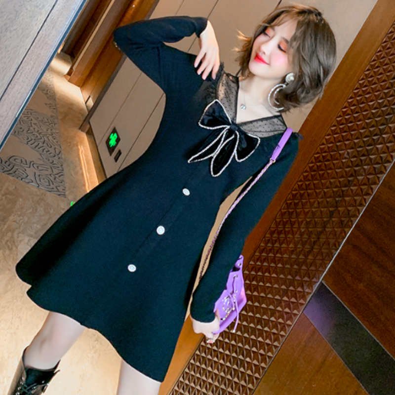 シアードッキングリボンタイ付きニットワンピース(2colors)