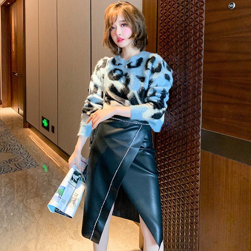 レオパード柄ショートモヘア風ニット×ラップ風エコレザースカート【上下別売り可】