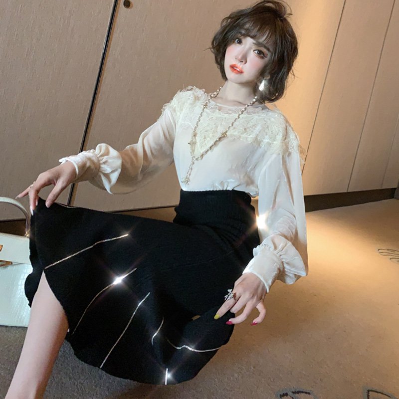 レースドッキングブラウス×ビジュ付きマーメイドスカート【上下別売り可】<br>