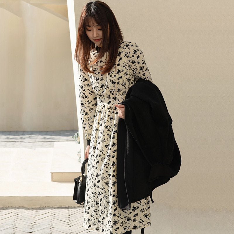 スタンドカラー小花柄ロングワンピース