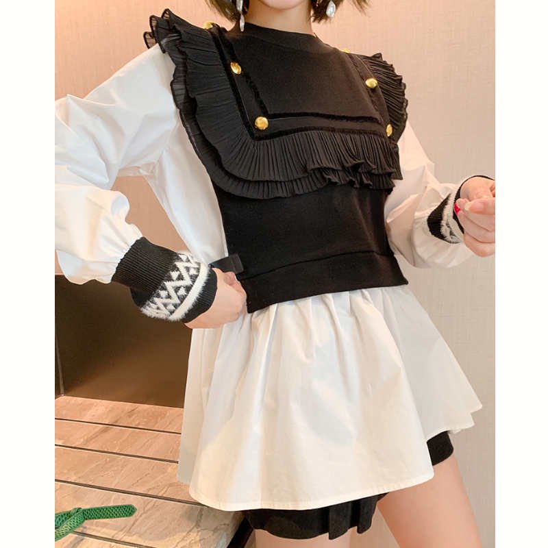 異素材フリルニットベストドッキングブラウス×ラップ風ショートパンツ【上下別売り可】