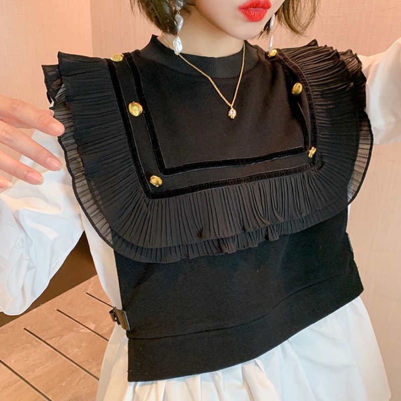 異素材フリルニットベストドッキングブラウス×ラップ風ショートパンツ【上下別売り可】