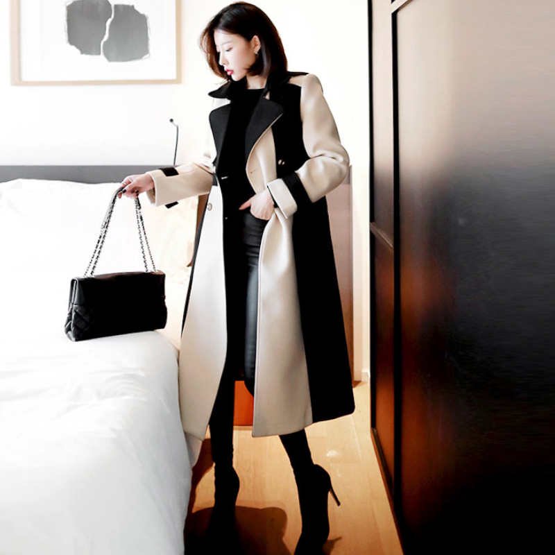 【即納】バイカラーモノトーンロングトレンチコート