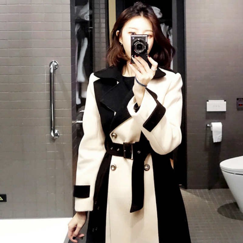 【即納】バイカラーモノトーンロングトレンチコート