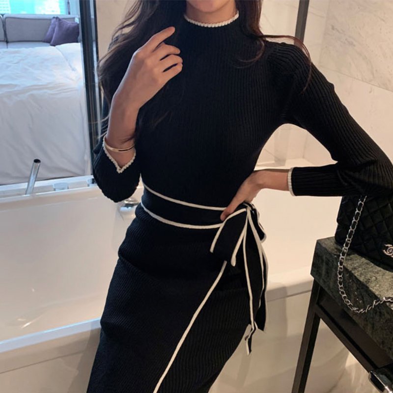 ウエストリボンハーフネックリブニットワンピース(2colors)