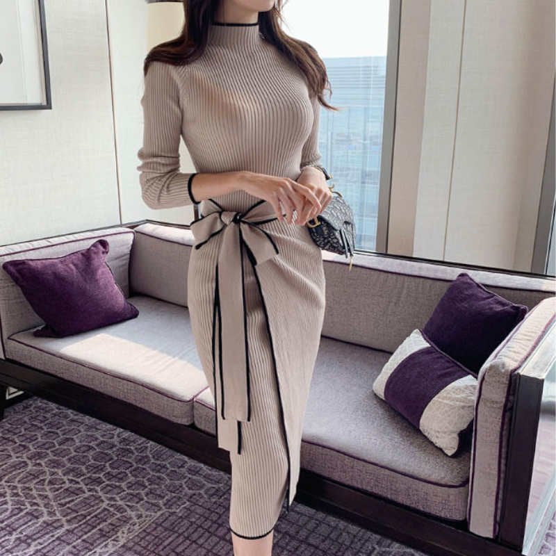 ウエストリボンハーフネックリブニットワンピース(2colors)