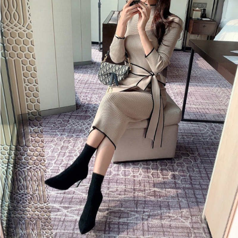 ウエストリボンハーフネックリブニットワンピース(2colors)