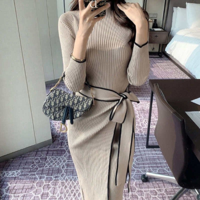 ウエストリボンハーフネックリブニットワンピース(2colors)