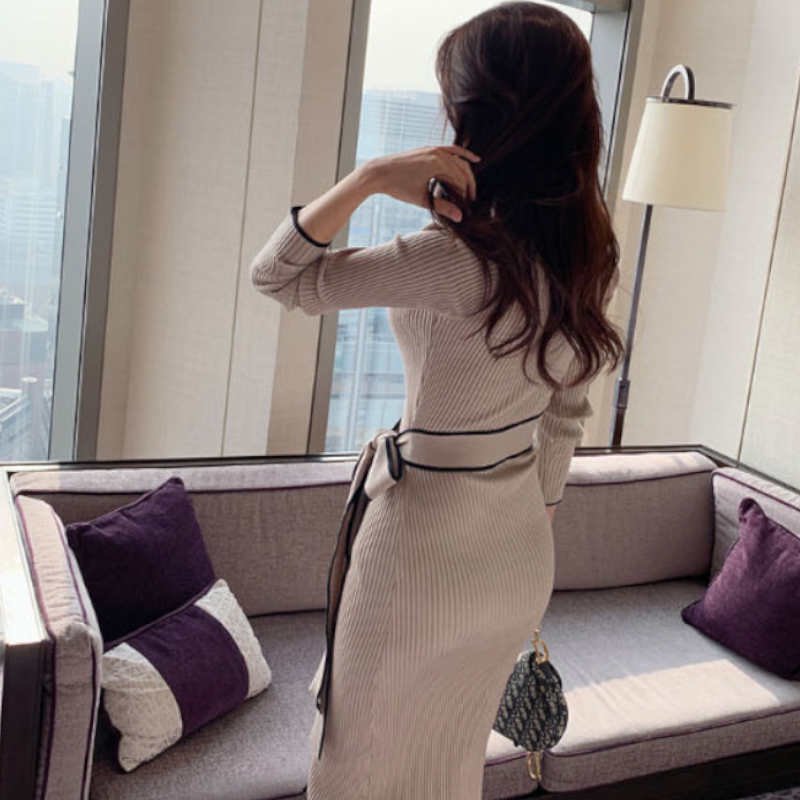 ウエストリボンハーフネックリブニットワンピース(2colors)