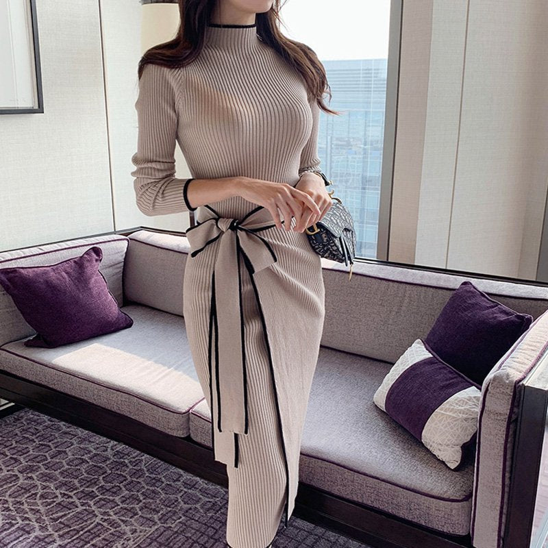 ウエストリボンハーフネックリブニットワンピース(2colors)